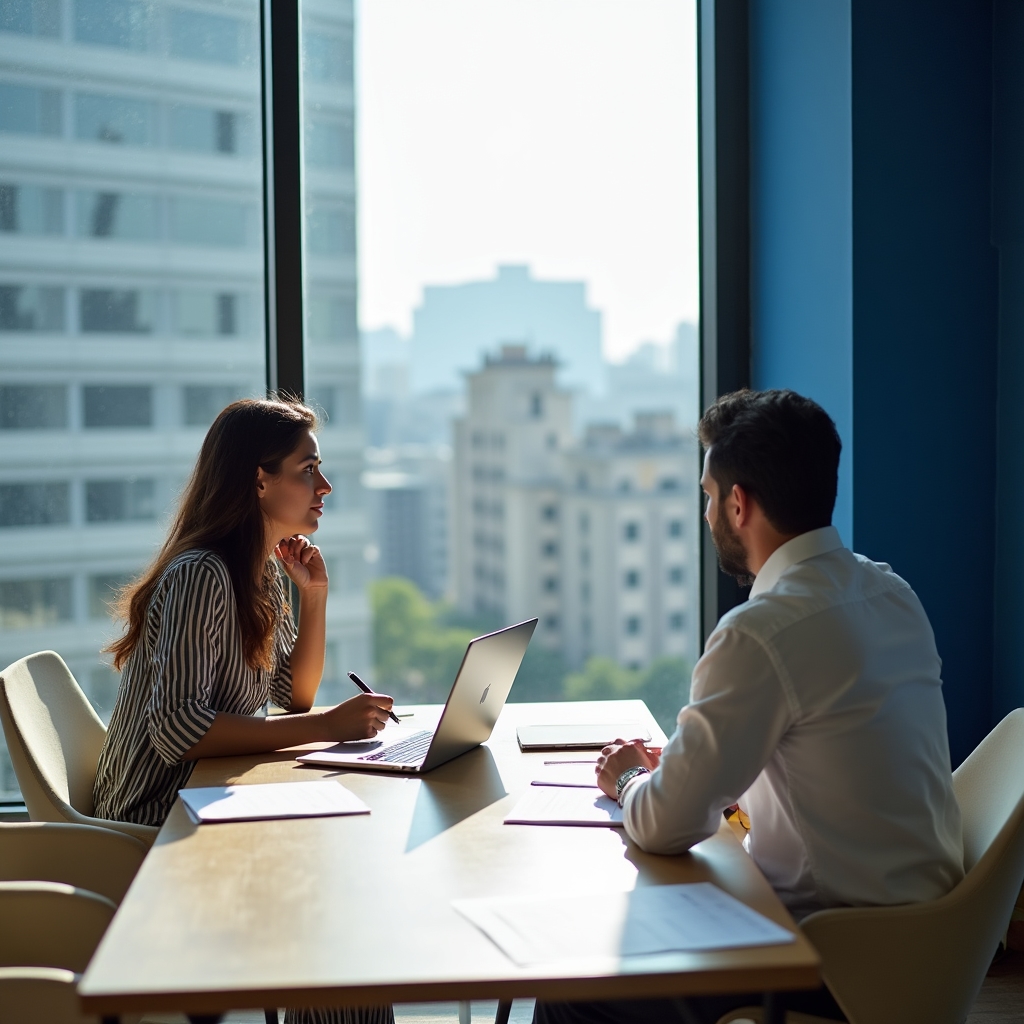 Consultant conducting a post-sale diagnosis session with a business owner in a modern office